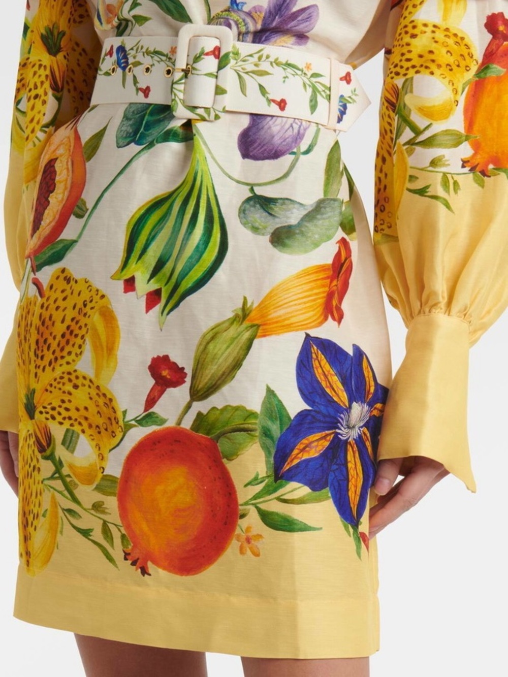 Off-Shoulder Floral Fruit Print Mini Dress in Yellow and Cream - Picture 4 of 7